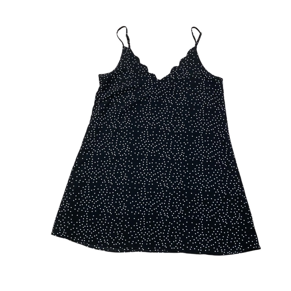 Space 46 Polka Dot Dress Women’s L Black Casual A Line Mini Scallop Hem V Neck
